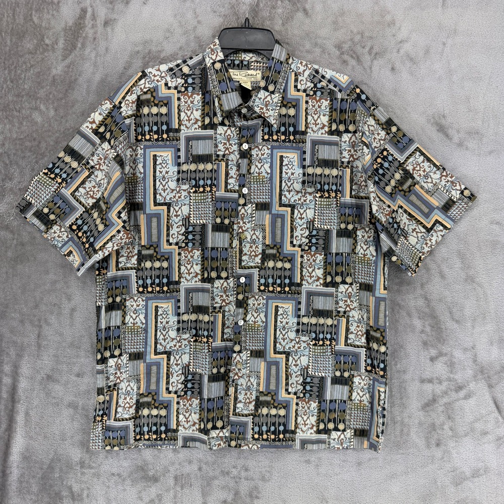Tori Richard Honolulu Mens Large Cotton Lawn Geometric Patchwork Aloha Shirt USA